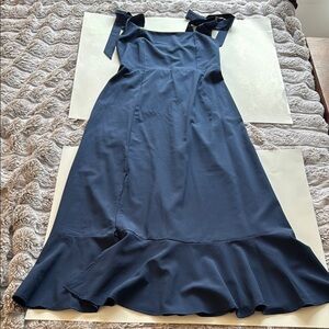 Amazon Navy Blue Midi Dress with Ruffle Hem and Tie Straps